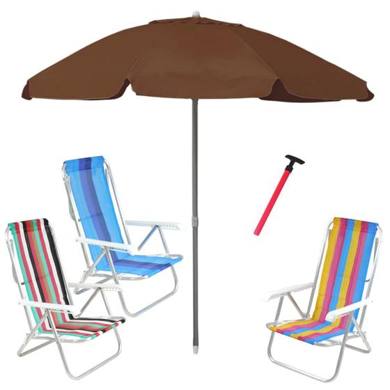 Imagem de Kit Praia 3 Cadeira 8 Pos Alumínio Guarda Sol 2,4m Bagum Marrom Saca Areia Pressão - Belfix
