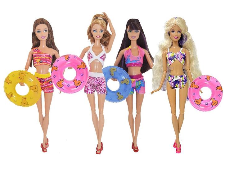 Kit Praia Biquini + Boia + Sapatos + Canga P/ Boneca Barbie Menor preço em Kit Praia Biquini + Boia + Sapatos + Canga P/ Boneca Barbie