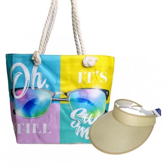 Imagem de Kit praia bolsa tote estampada + viseira esportiva aba larga