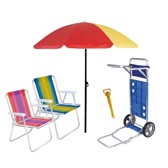 Imagem de Kit Praia Carrinho Com Avanço + Guarda Sol 1,8m + 2 Cadeira Alta Aluminio + Saca Areia - Mor