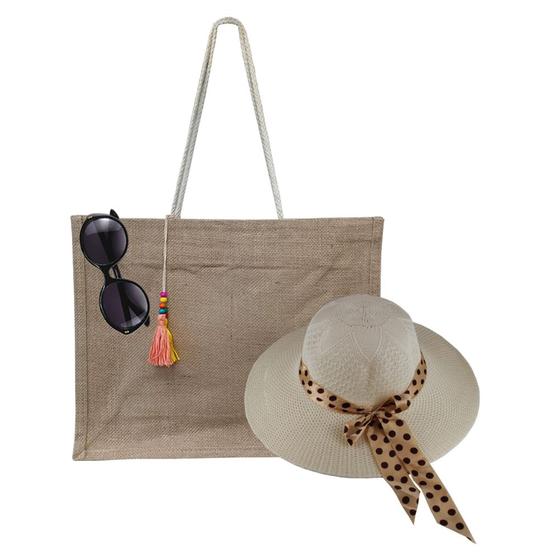 Imagem de Kit Praia Com Chapéu De Palha, Bolsa, Sacola De Palha E Oculos De Sol Feminino Básico Para Piscina, Passeios