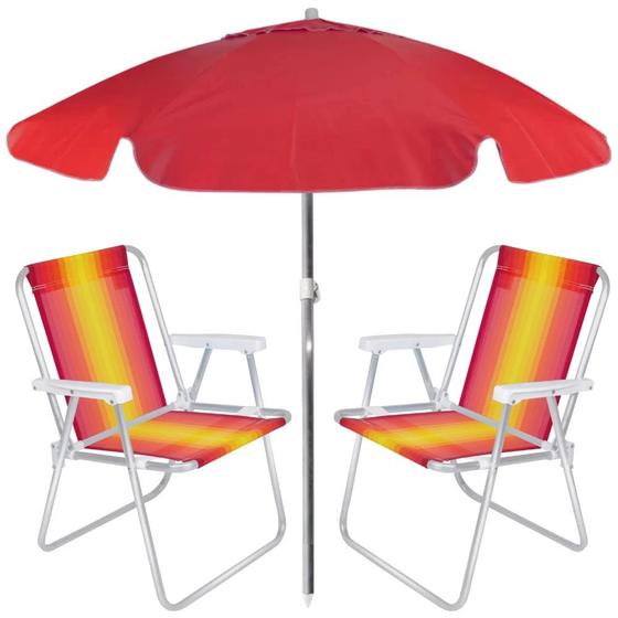 Imagem de Kit Praia com Guarda Sol Vermelho 1,60 M e 2 Cadeiras de Praia