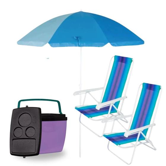 Imagem de Kit Praia Cooler Roxo 26 L + Guarda Sol 1,50 M + Duas Cadeiras Coloridas  Mor 