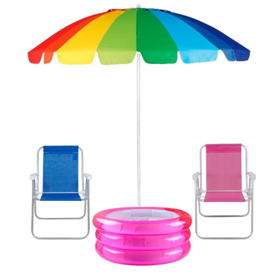 Imagem de Kit Praia Em Família Cadeiras Guarda Sol Colorido Piscina Infantil Inflável Rosa Pais e Filha