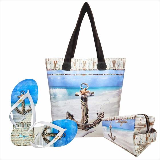 Imagem de Kit Praia Feminino Âncora Azul com Bolsa, Necessaire e Chinelo, Magicc