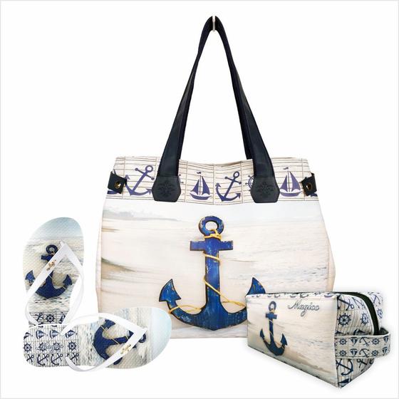 Kit Praia Feminino Âncora Azul Marinho com Bolsa, Necessaire e Chinelo, Magicc Menor preço em Kit Praia Feminino Âncora Azul Marinho com Bolsa, Necessaire e Chinelo, Magicc