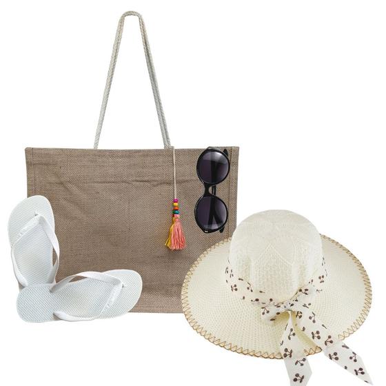 Imagem de Kit Praia Feminino Básico, Chapéu De Palha, Bolsa De Palha, Chinelo E Oculos De Sol, Praia, Piscina, Passeios