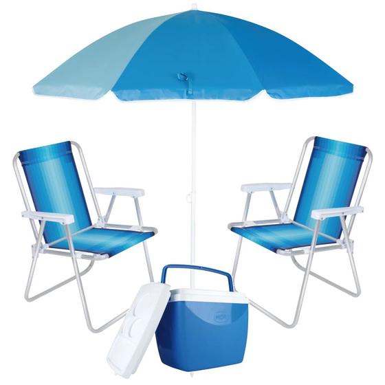 Kit Praia Guarda Sol 1,50 M + 2 Cadeiras de Praia + Caixa Termica Azul Mor e Lazer Menor preço em Kit Praia Guarda Sol 1,50 M + 2 Cadeiras de Praia + Caixa Termica Azul Mor e Lazer