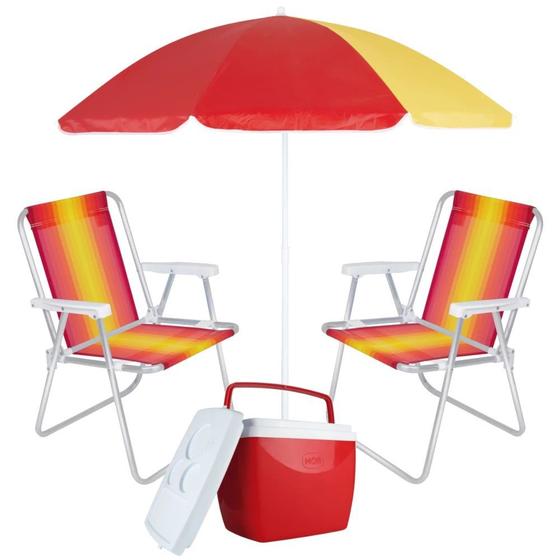 Imagem de Kit Praia Guarda Sol 1,50 M + 2 Cadeiras de Praia + Caixa Termica Vermelha  Mor 