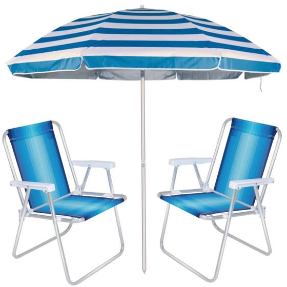 Imagem de Kit Praia Guarda Sol Azul Listrado Articulado + 2 Cadeiras de Praia  Mor 