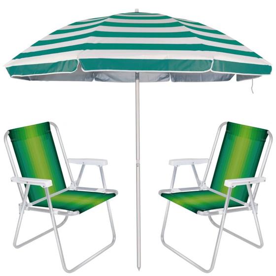 Imagem de Kit Praia Guarda Sol Verde Articulado 2,60 M + 2 Cadeiras de Praia Aluminio  Mor 