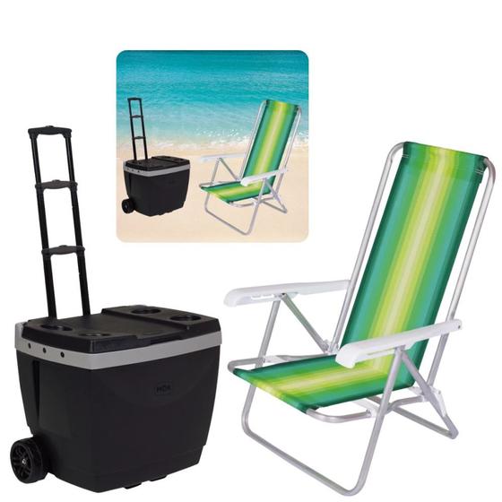 Imagem de Kit Praia / Pesca Caixa Termica 42 L Rodas e Alca + Cadeira 4 Posicoes Aluminio  Mor 