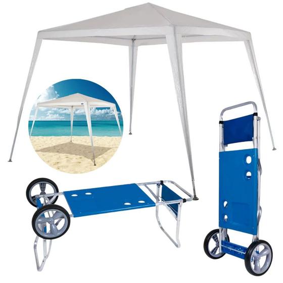 Imagem de Kit Praia Tenda Gazebo 3 M X 2,40 M Rafia Branca + Carrinho com Avanco  Mor 