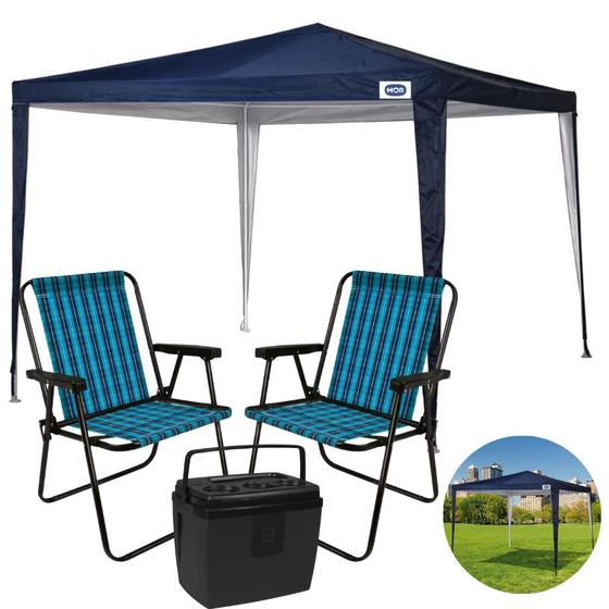 Imagem de Kit Praia Tenda Gazebo 3x3 M Azul Oxford + Duas Cadeiras + Cooler 19 L