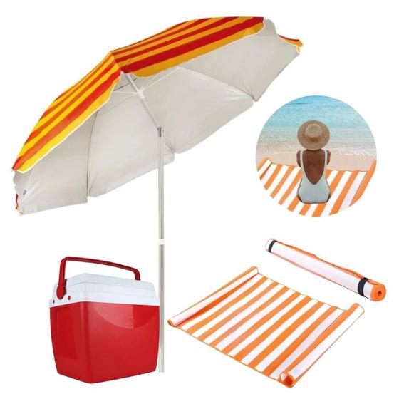 Imagem de Kit Praia Vermelho e Laranja Cooler 26 L + Guarda Sol 2,40 M + Esteira