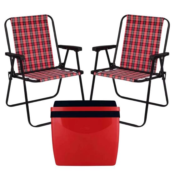 Imagem de Kit Praia Vermelho e Preto Caixa Termica Cooler 26 L + Duas Cadeiras  Mor 