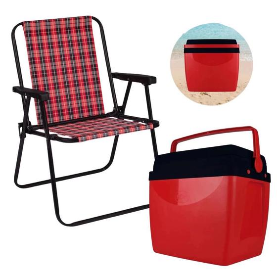 Imagem de Kit Praia Vermelho e Preto Caixa Termica Cooler 26 L + Uma Cadeira  Mor 