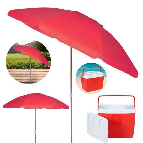 Imagem de Kit Praia Vermelho Guarda Sol Bagum Articulado 2 M + Caixa Termica Cooler 19 L Bel