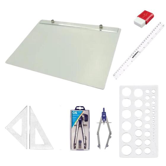 Imagem de Kit Prancheta A4 Formica Esquadro 26Cm Gabarito Borracha