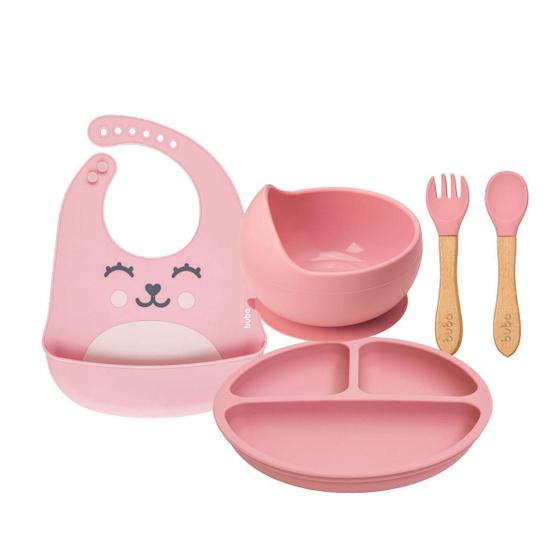 Imagem de Kit Pratinho Bowl Babador E Talher Silicone Buba - Rosa