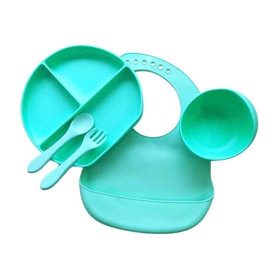 Imagem de Kit Pratinho Bowl Silicone Ventosa Babador E Talher Verde