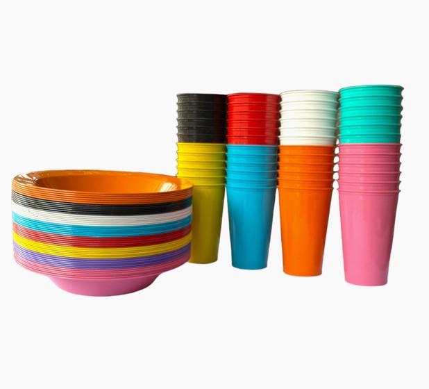 Imagem de Kit prato 30un com copo 30un plastico colorido resistente escola merenda infantil lanche aniversario