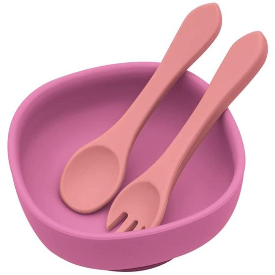 Imagem de Kit Prato Bowl Infantil Fundo Com Ventosa e Talheres Garfo e Colher Anatômico de Silicone Rosa Kababy