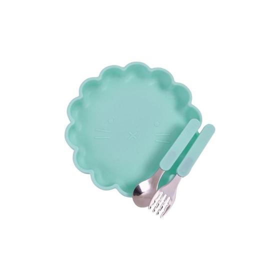 Imagem de Kit Prato De Silicone Com Ventosa E Talheres Cute Menta