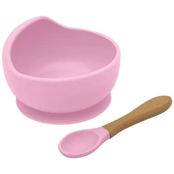 Imagem de Kit Prato Infantil Bowl Fundo Com Ventosa e Colher de Silicone e Bambu Rosa Kababy