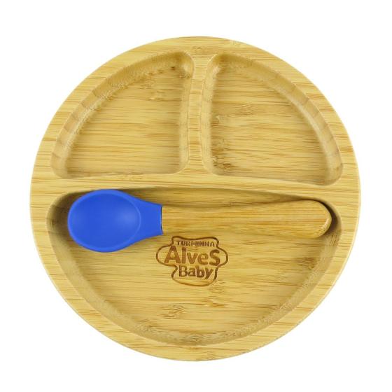 Imagem de Kit Prato Infantil Para Criança De Bambu Com Ventosa Redondo E Colher Azul De Silicone Bambu