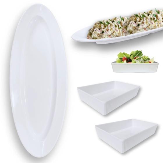 Imagem de Kit Prato Oval 60 Cm + 2 Travessas 20 Cm Retangular Estriada Melamina Profissional Buffet Restaurante  Bestfer 