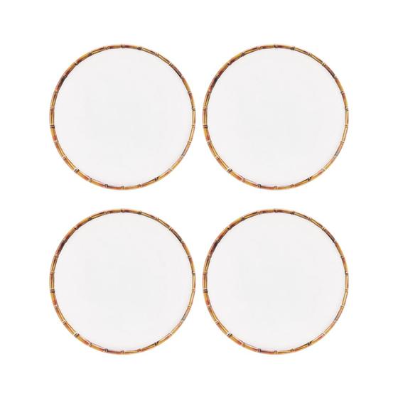 Imagem de Kit Pratos Raso De Melamina Branco Borda Bambu Para Almoço Janta 27cm - 4 Un