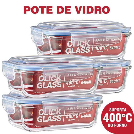 Imagem de Kit Premium Click Glass com 4 potes de vidro 100% herméticos