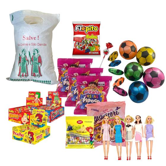 Imagem de Kit Premium Cosme e Damião Doces + Brinquedos p/ 50 Pessoas