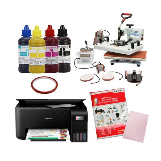 Imagem de Kit Prensa 8x1 110v + Impressora L3250 + Tintas + 100 Folhas + Fita térmica