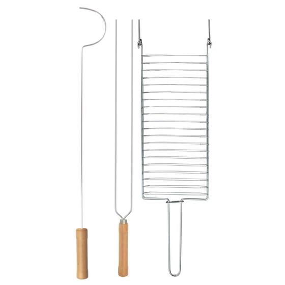 Imagem de Kit Preparo Churrasco 3pcs Churrasqueira Espeto 55cm Grelha e Espalhador de Brasa Cabo Madeira Mor