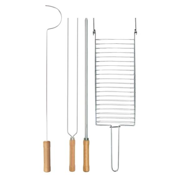 Imagem de Kit Preparo Churrasco 4pcs Churrasqueira Espetos 55cm Simples e Duplo Cabo Madeira Mor
