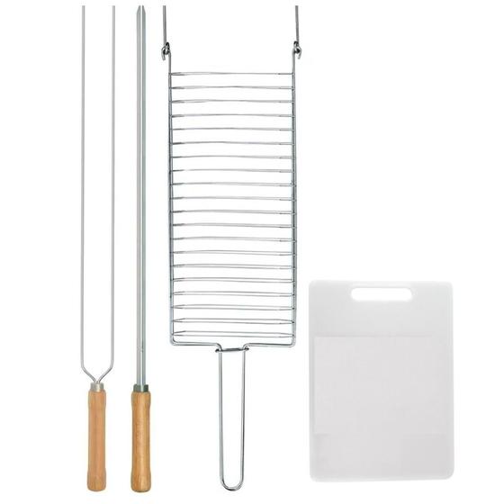 Imagem de Kit Preparo Churrasco 4pcs Churrasqueira Grelha Espeto Simples e Duplo 65cm e Tabua de Corte Mor