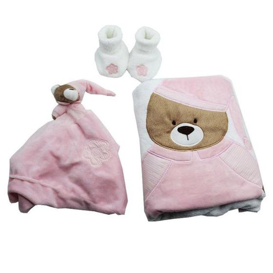 Imagem de Kit Presente Bebe Zip Toys Urso Nino Rosa Manta Pantufa E Naninha