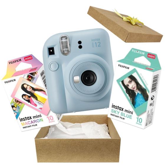 Imagem de Kit Presente Câmera Instax Mini 12 Com Filme 10 Macaron + Filme 10 Sky blue Azul