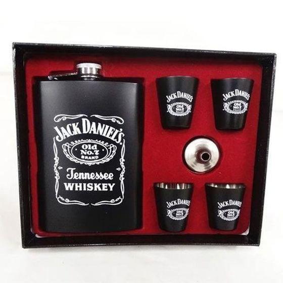 Imagem de Kit Presente Cantil Whisky Jack Daniels 270ml 4 Copos Shot - Braswu