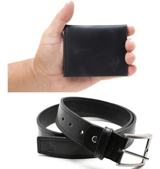 Imagem de kit presente carteira masculina preta e cinto ambos em couro