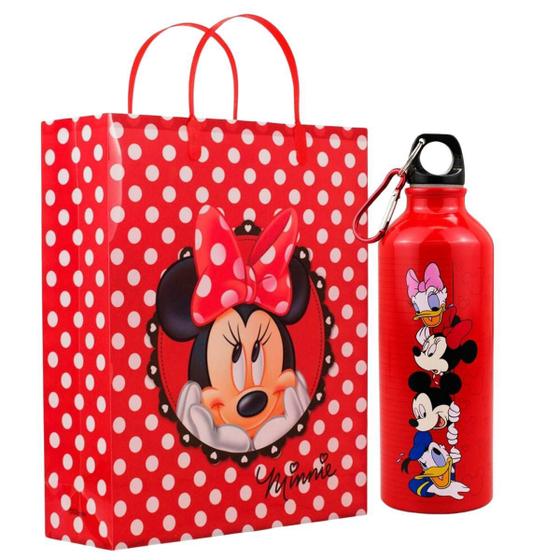 Imagem de Kit Presente Garrafa Inox 500 Ml Sacola Menina Minnie Mouse