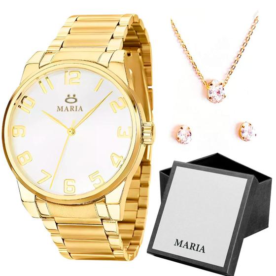 Imagem de Kit presente mãe: relogio feminino dourado elegancia inox + colar + brincos moda banhados 18k+ caixa