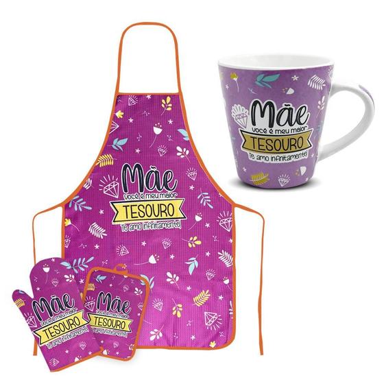 Imagem de Kit Presente Mães Caneca + Kit Cozinha Avental Luva Descanso