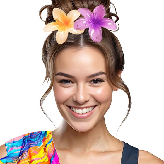 Imagem de Kit Presilha de Flor para Cabelo Flower Clip Moda Blogueira Praia 2 Cores Sortidas + 1 Lenço Cetim Multiuso