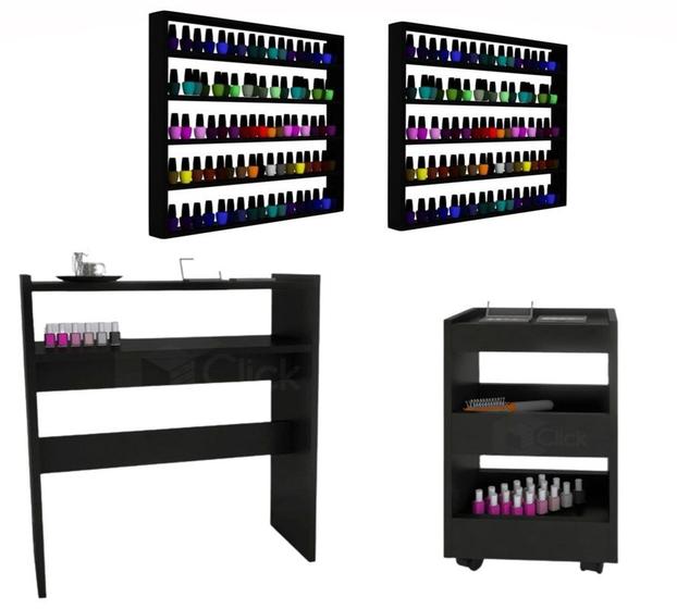 Kit Preto Mesa + 2 Porta Esmaltes Prateleira + Carrinho Auxiliar Br Manicure- AJL Menor preço em Kit Preto Mesa + 2 Porta Esmaltes Prateleira + Carrinho Auxiliar Br Manicure- AJL