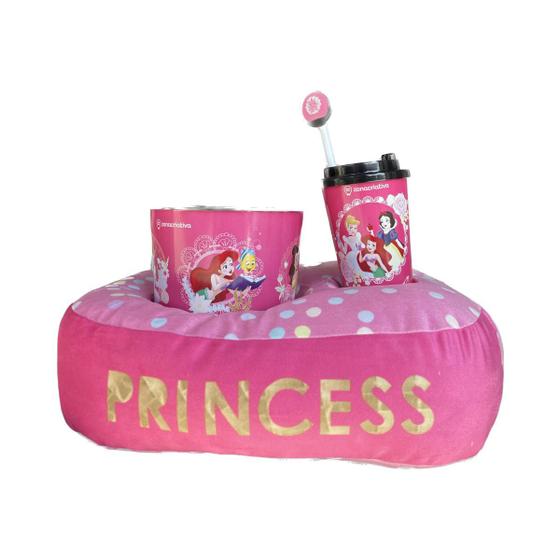 Imagem de Kit Princesas Disney Almofada Balde Pipoca Copo Canudo Fibra Veludo