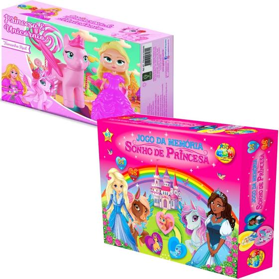 Imagem de Kit Princesas Jogo da Memoria Boneca Unicornio Peças Montar