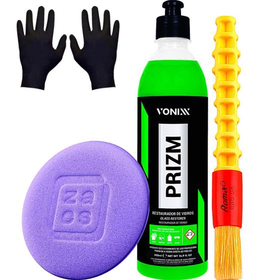 Imagem de Kit Prizm Descontaminante de Vidros Box Janela Blindex Portas Carro Caminhão Pincel Roma Aplicador Luva